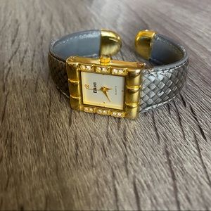 Eikon Gold Crystal Accent Silver Grey Gunmetal Crosshatch Cuff Bracelet Watch